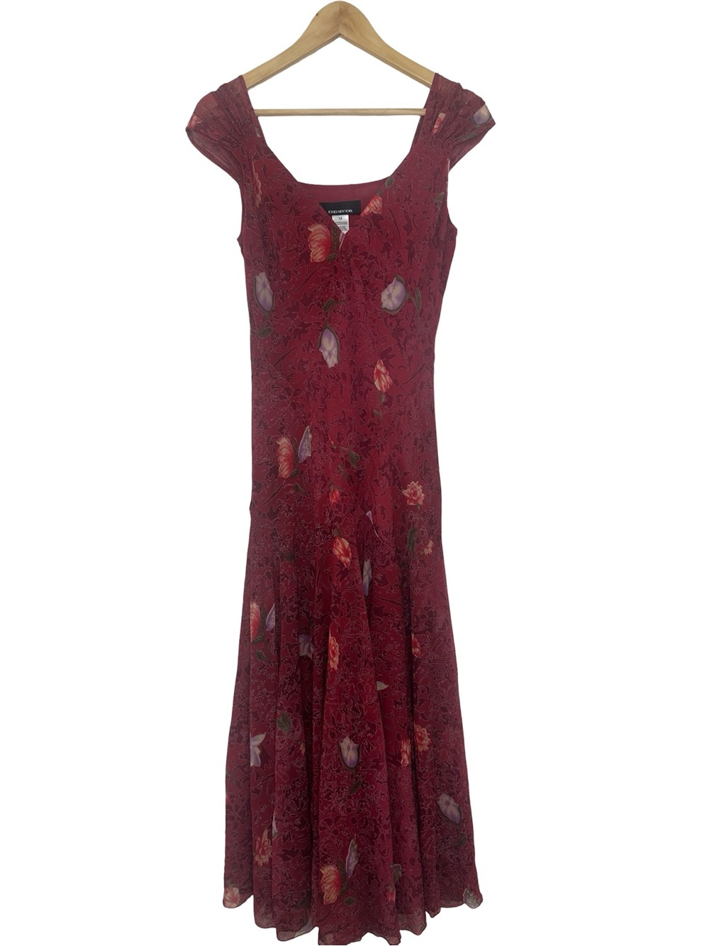 Vtg Y2K 100% Silk Romantic Maroon Floral Maxi Dress Jones New York Sz 12
